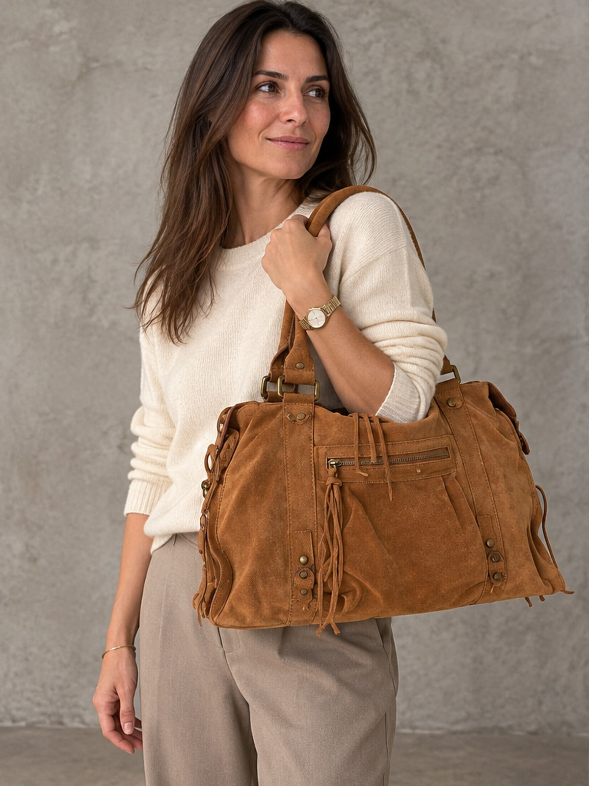 Bolso Satchel Esencial Flecos - Camel