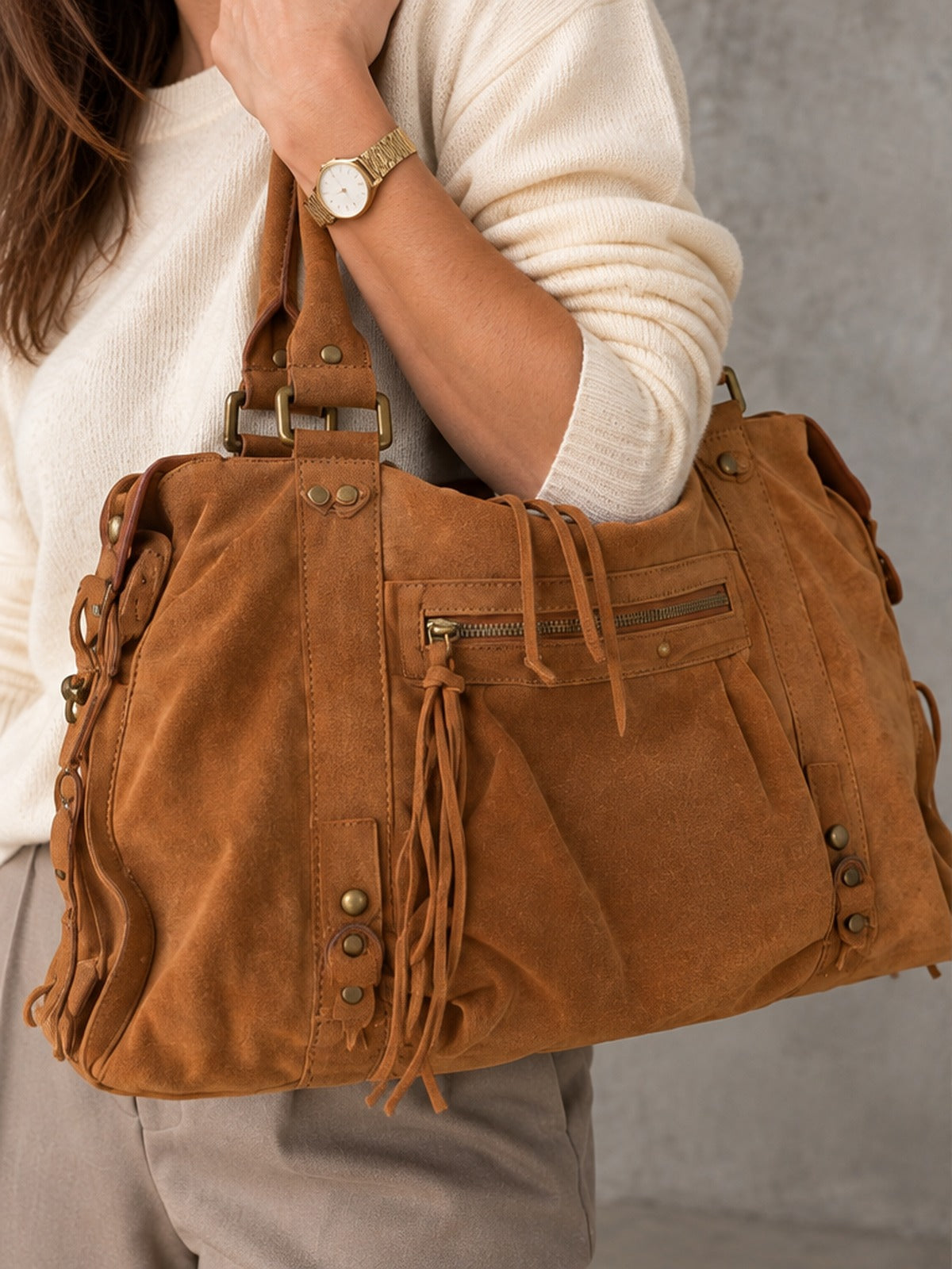Bolso Satchel Esencial Flecos - Camel