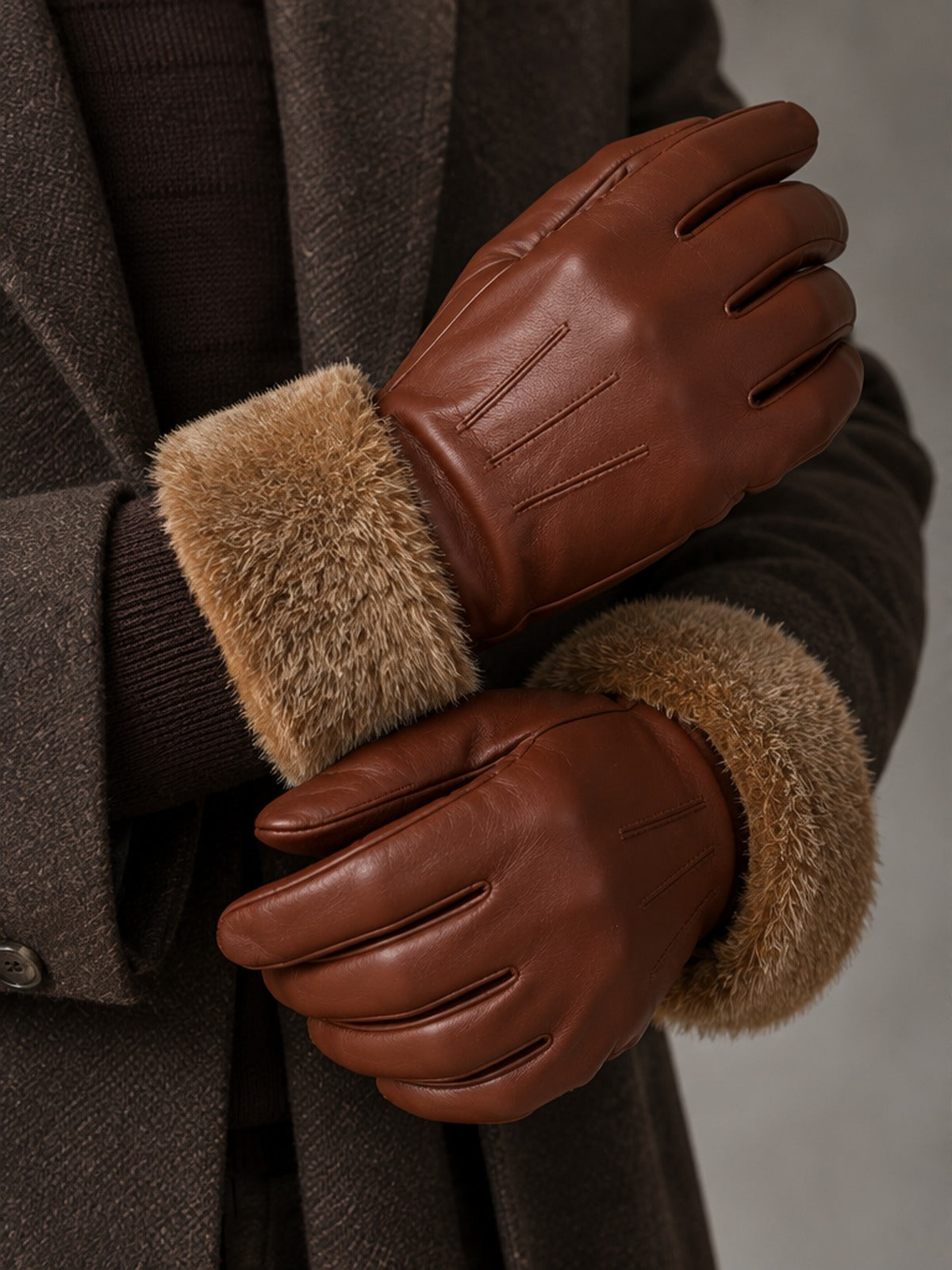 Guantes Elegante con Puño de Pelo - Coñac