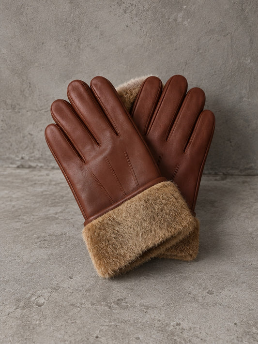 Guantes Elegante con Puño de Pelo - Coñac