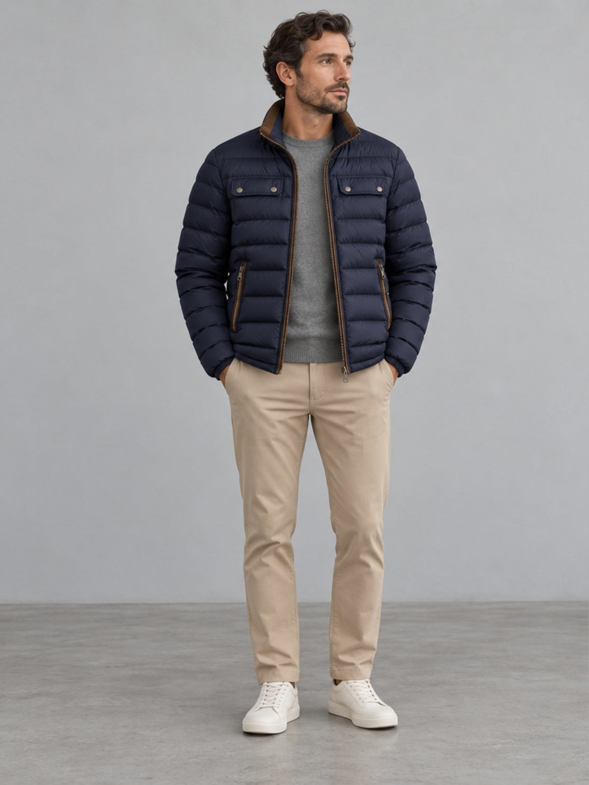 Plumífero Acolchado con Cuello Alto - Azul Marino