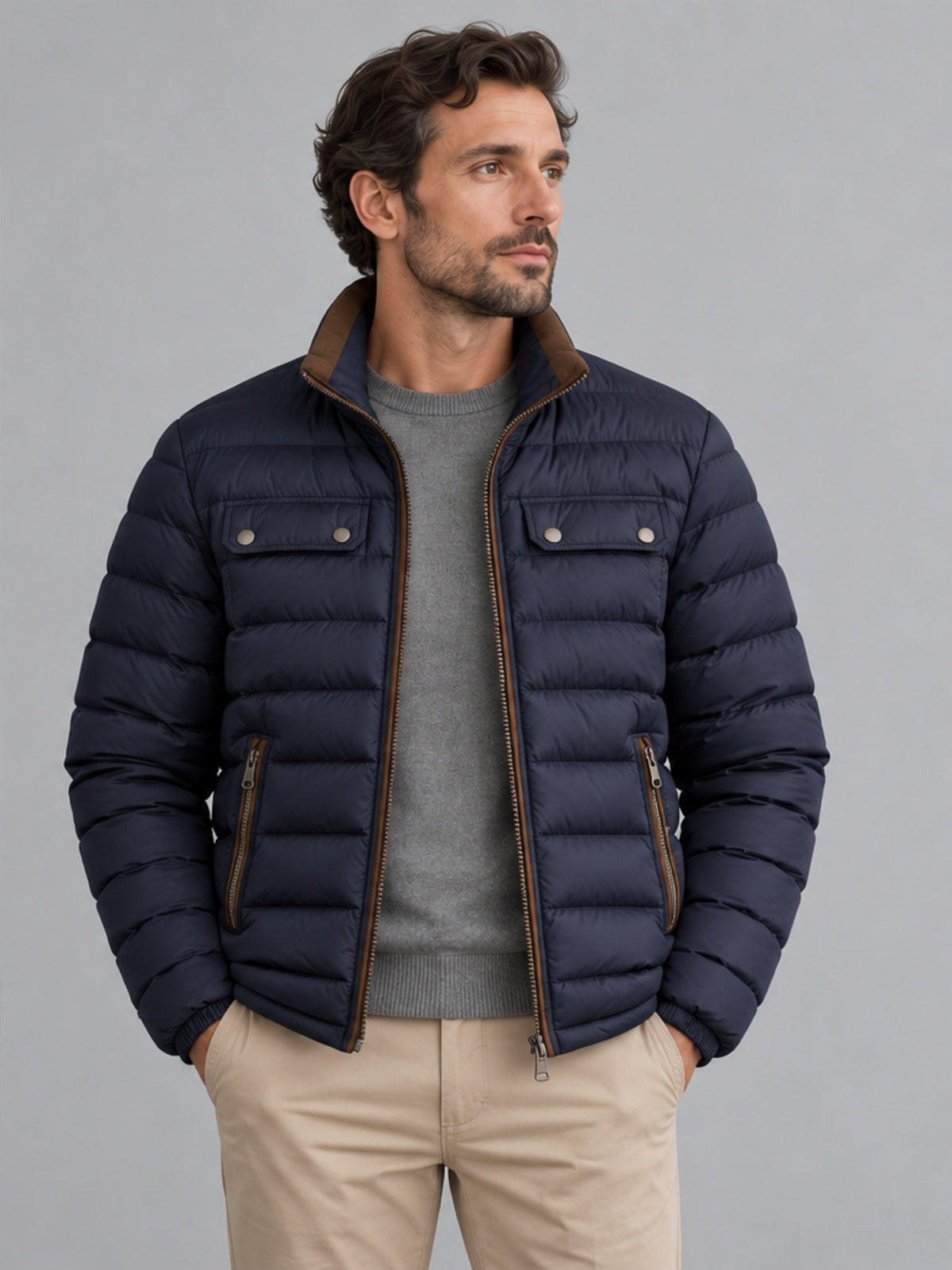 Plumífero Acolchado con Cuello Alto - Azul Marino