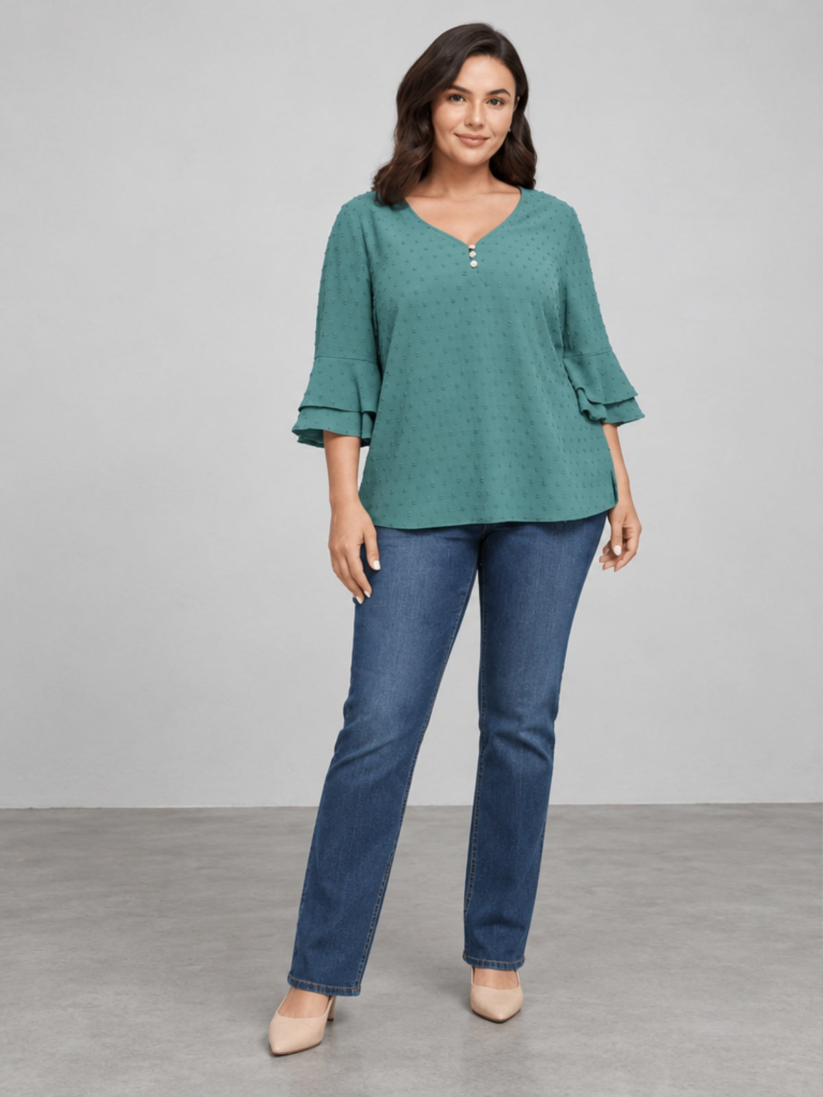 Blusa Texturizada con Mangas de Volante - Verde Azulado
