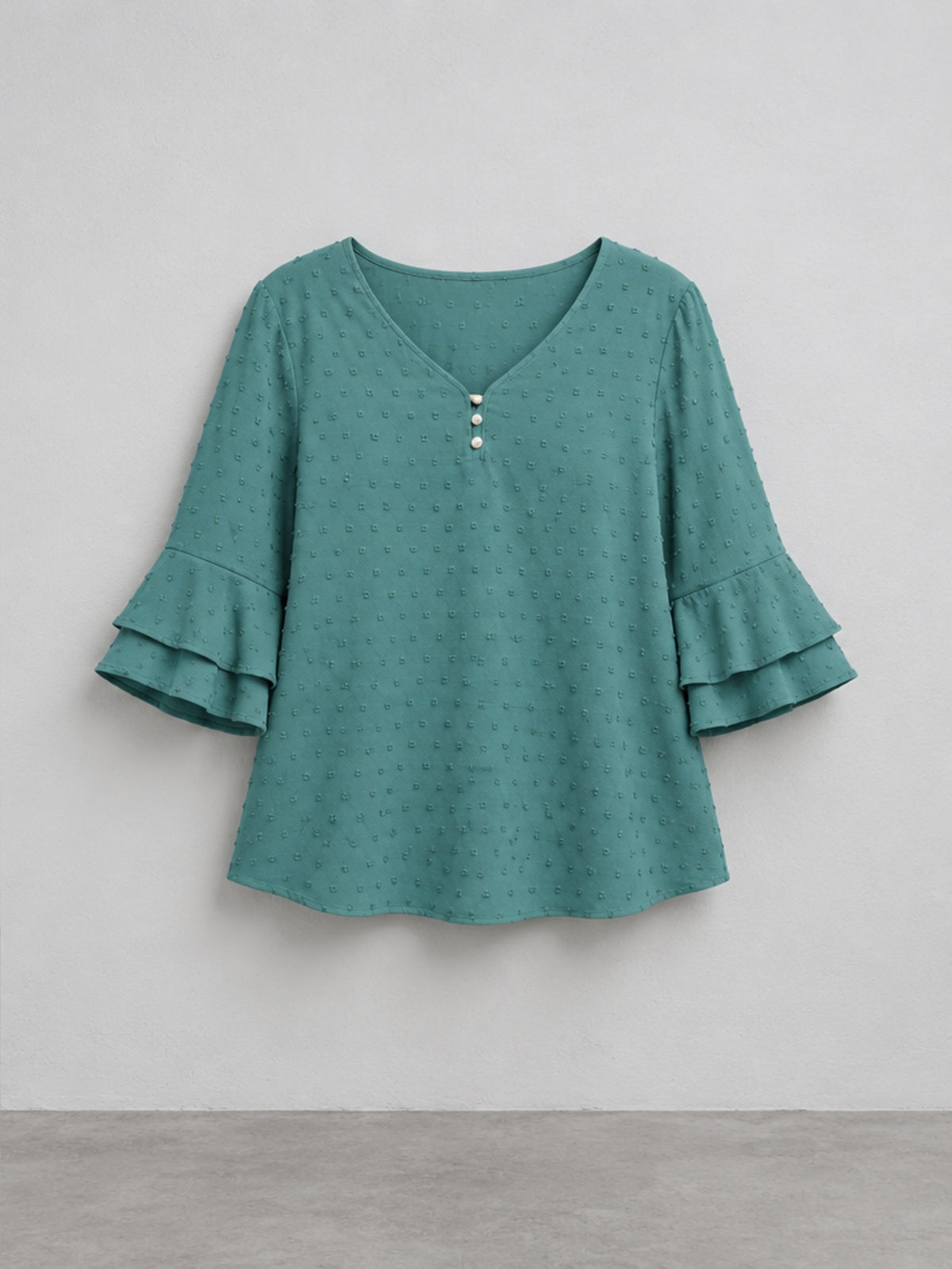 Blusa Texturizada con Mangas de Volante - Verde Azulado