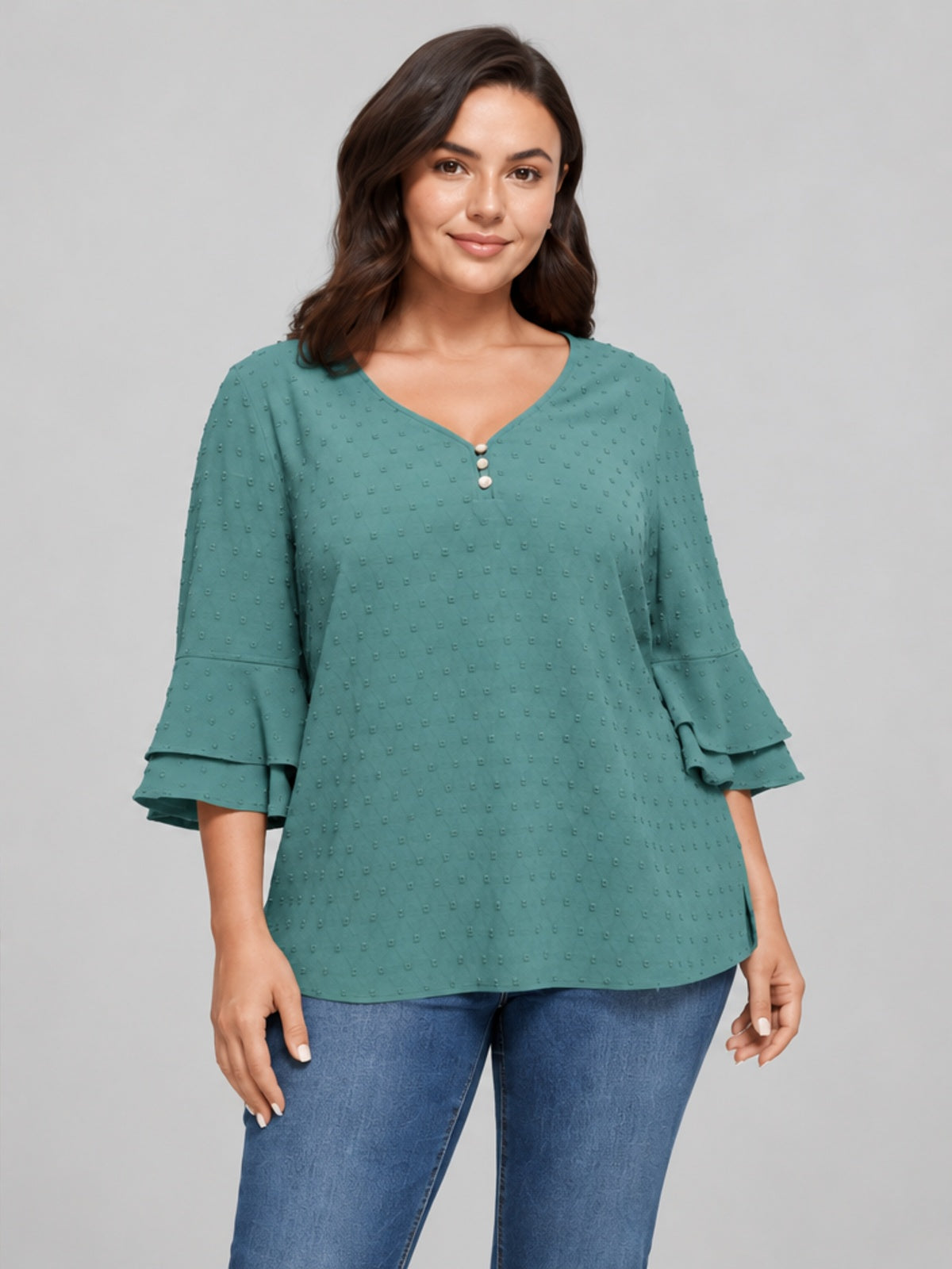 Blusa Texturizada con Mangas de Volante - Verde Azulado
