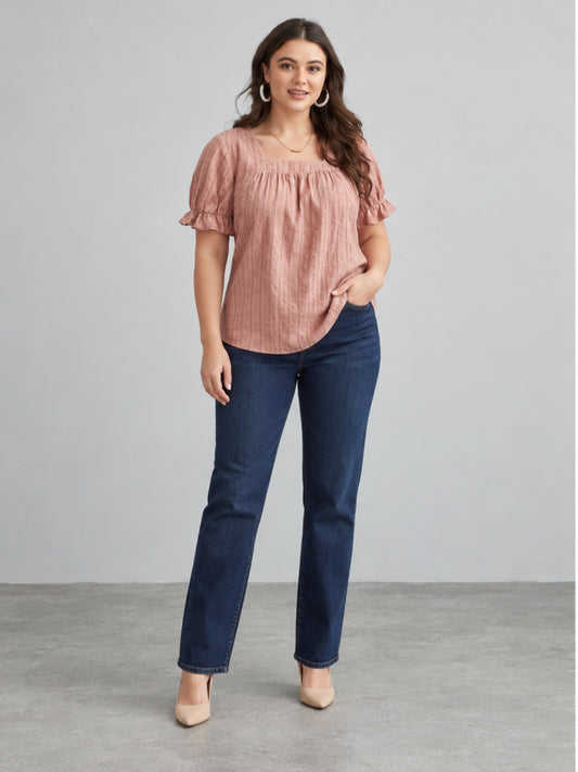 Blusa Versátil con Cuello Cuadrado y Volantes - Rosa Palo