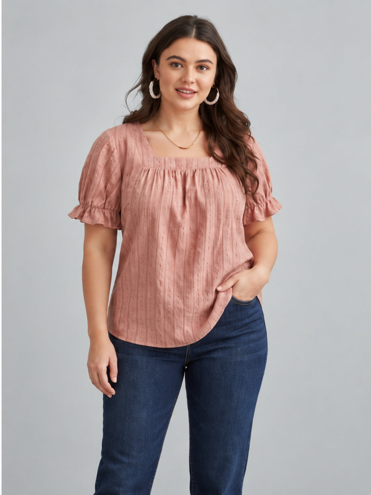 Blusa Versátil con Cuello Cuadrado y Volantes - Rosa Palo