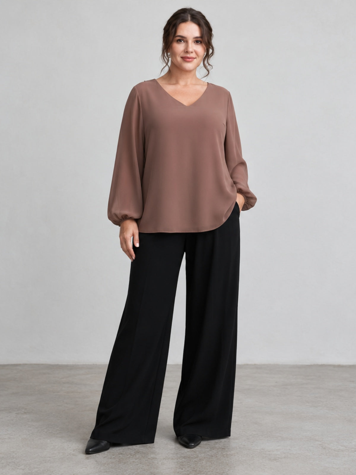 Blusa de Gasa con Espalda Plisada - Marrón