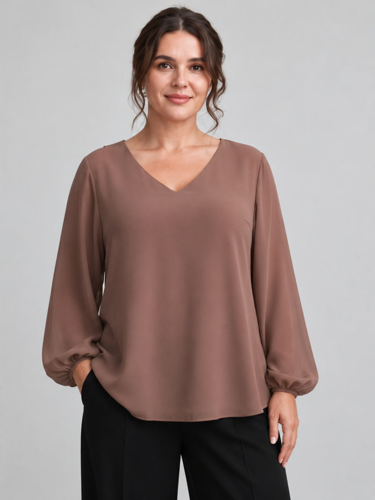 Blusa de Gasa con Espalda Plisada - Marrón