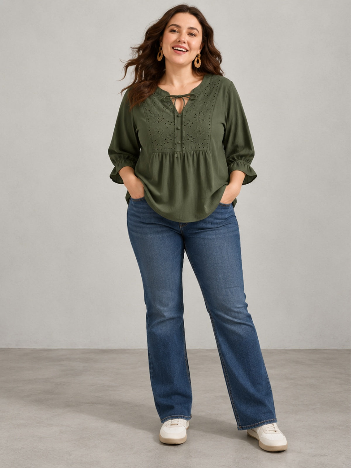 Blusa Bordada con Lazo al Cuello - Verde Oliva