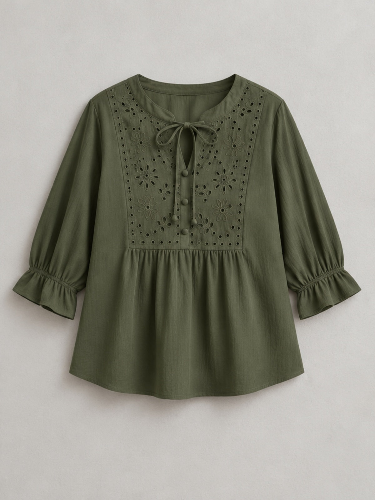 Blusa Bordada con Lazo al Cuello - Verde Oliva
