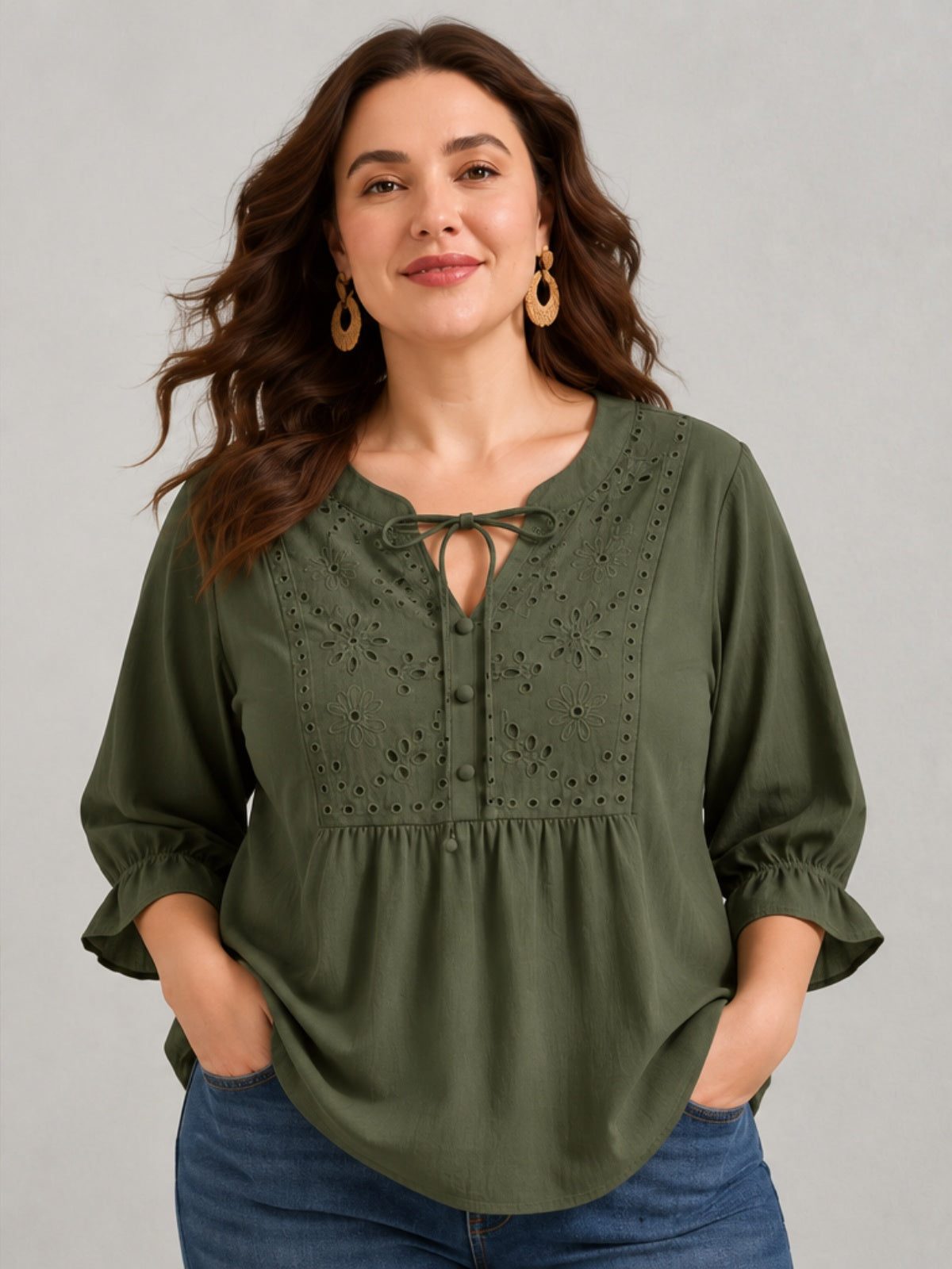 Blusa Bordada con Lazo al Cuello - Verde Oliva