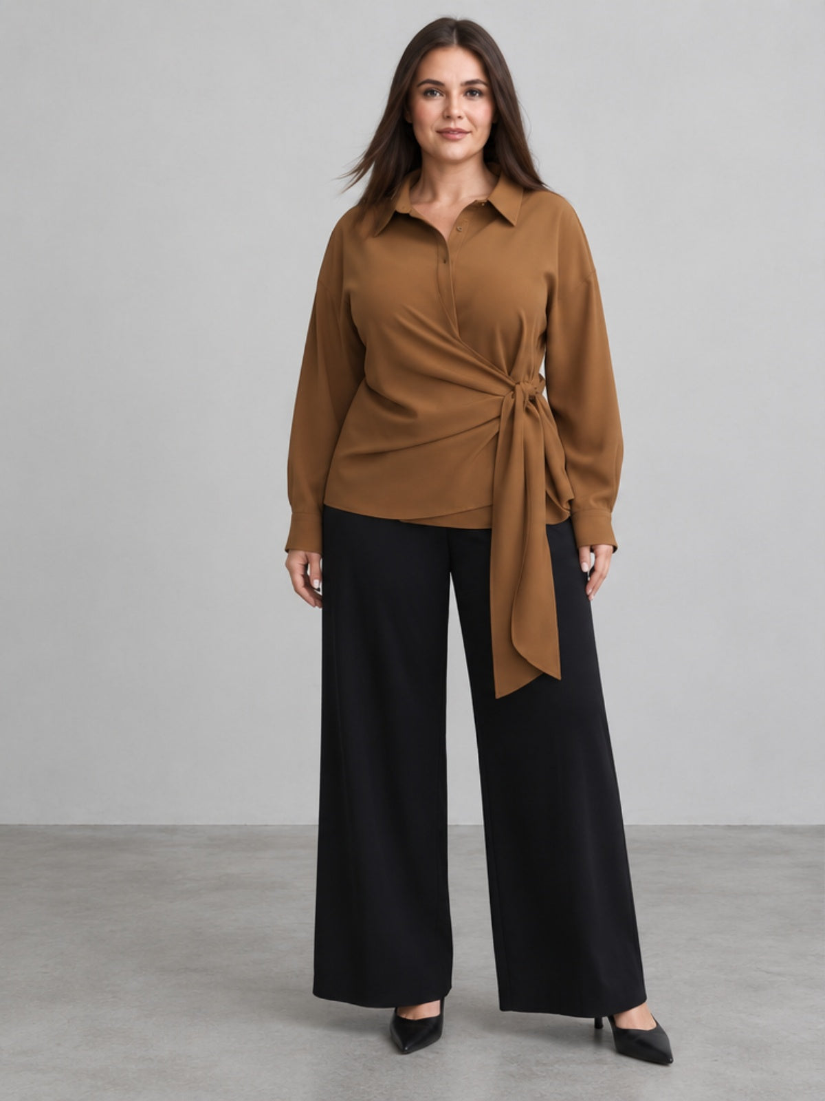 Camisa de Corte Cruzado con Lazada Lateral - Camel