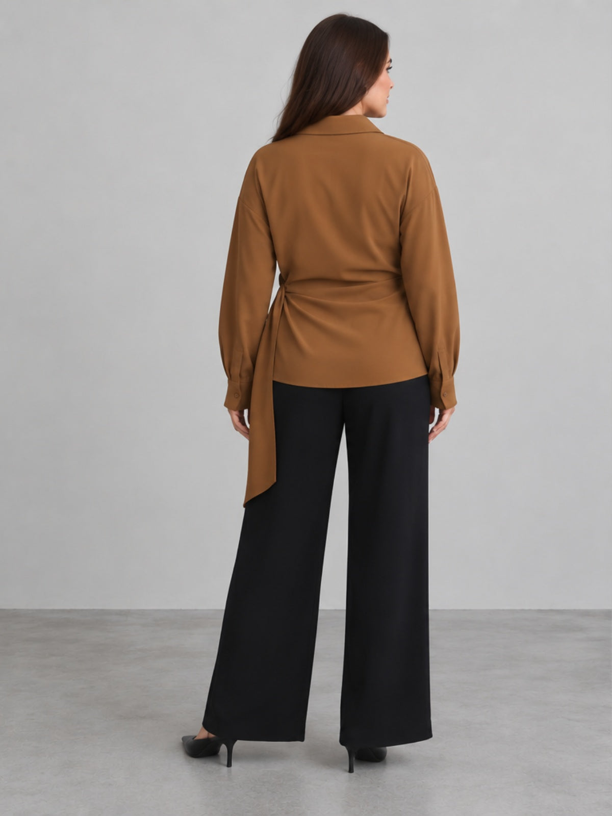 Camisa de Corte Cruzado con Lazada Lateral - Camel
