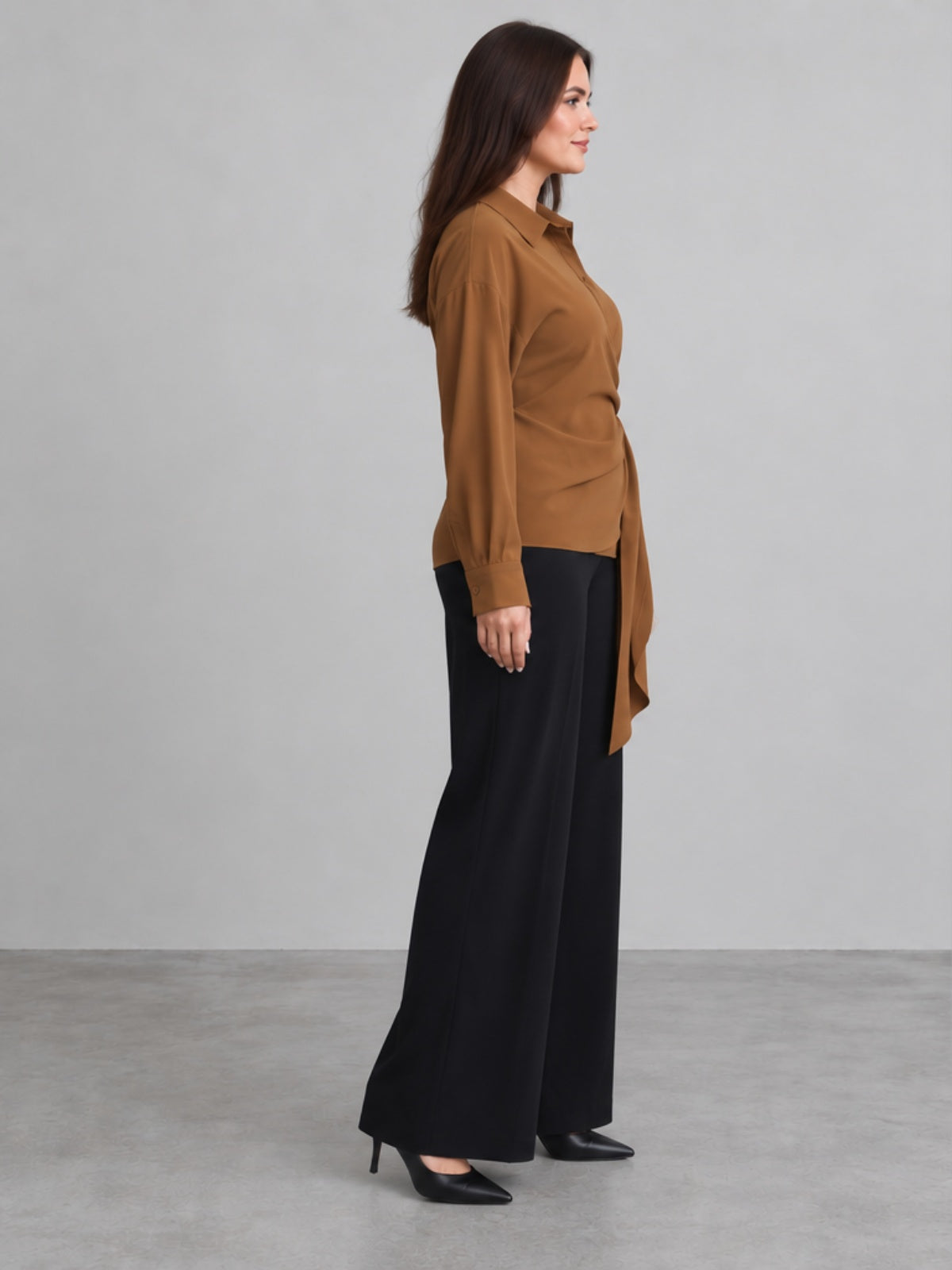 Camisa de Corte Cruzado con Lazada Lateral - Camel