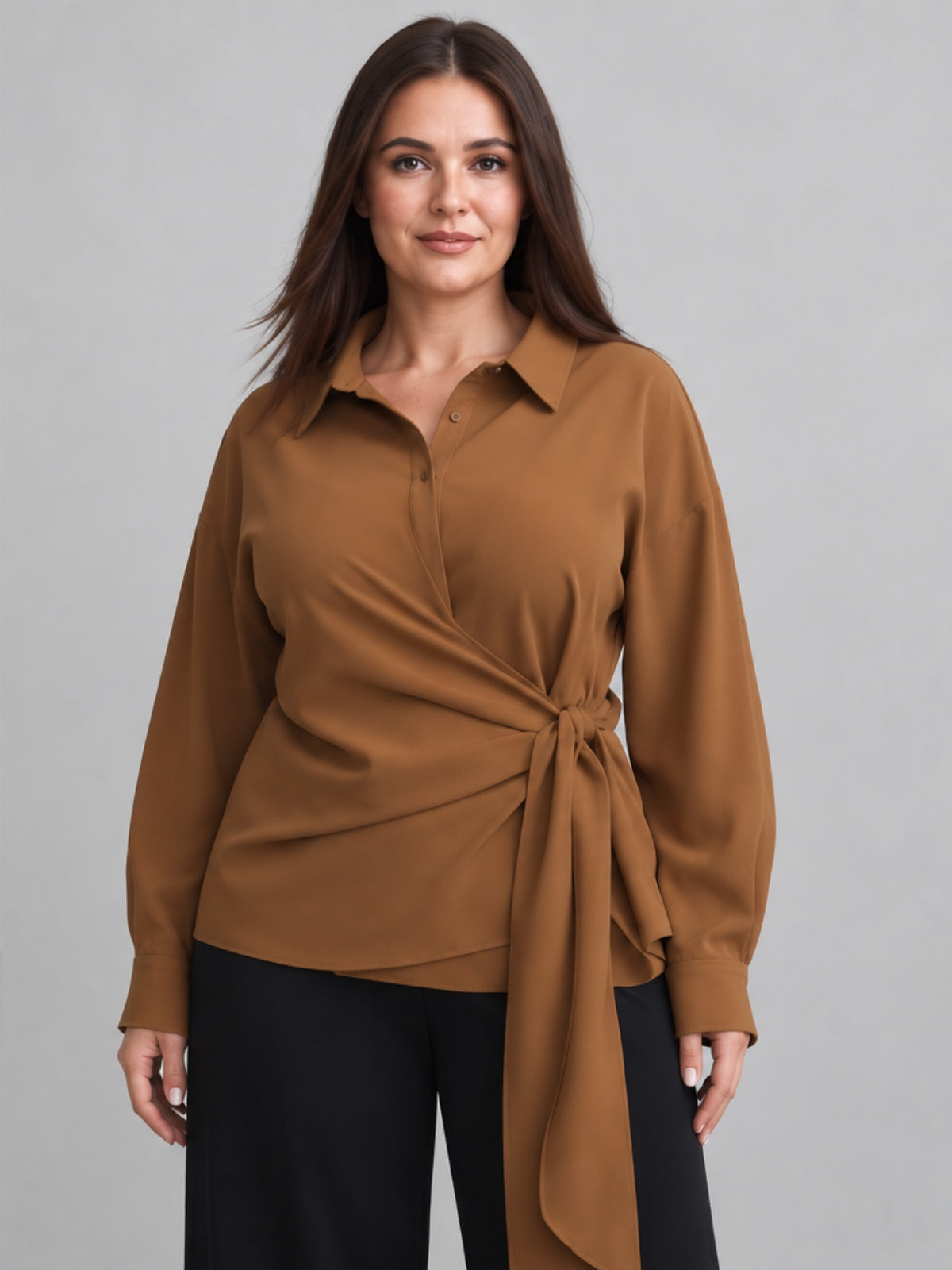 Camisa de Corte Cruzado con Lazada Lateral - Camel
