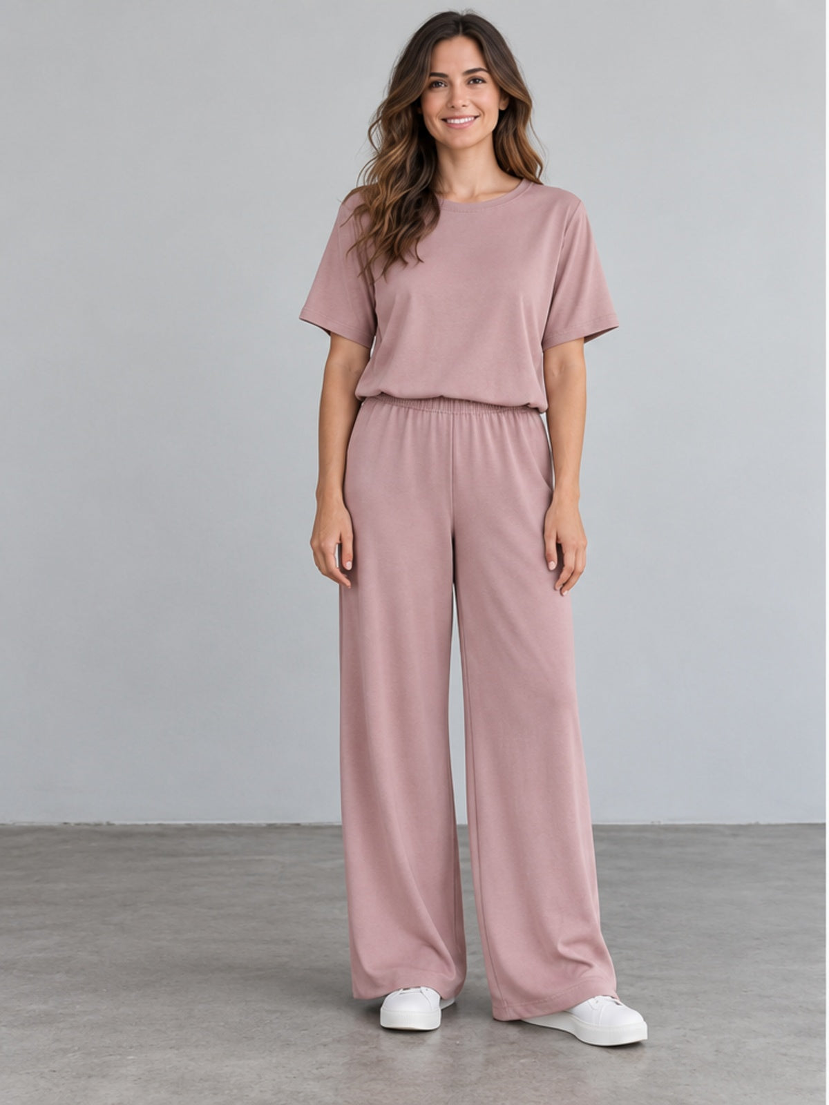 Conjunto Loungewear Top y Pantalón Ancho - Rosa Empolvado