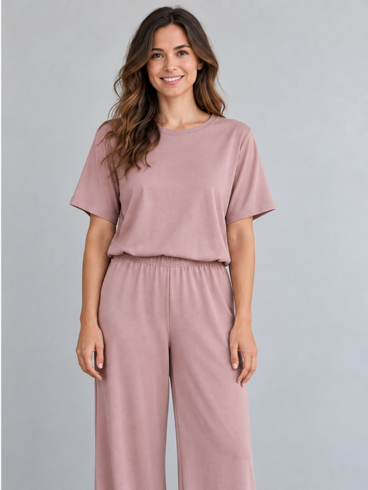 Conjunto Loungewear Top y Pantalón Ancho - Rosa Empolvado