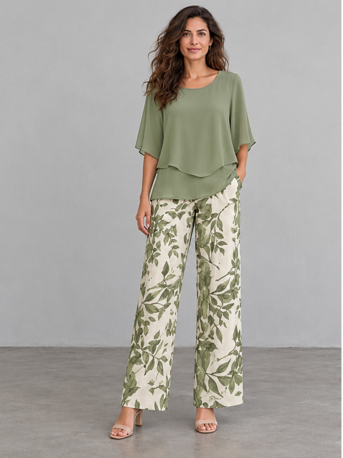 Conjunto Top y Pantalón Estampado de Gasa - Verde