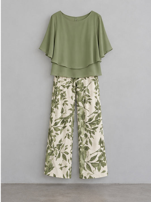 Conjunto Top y Pantalón Estampado de Gasa - Verde