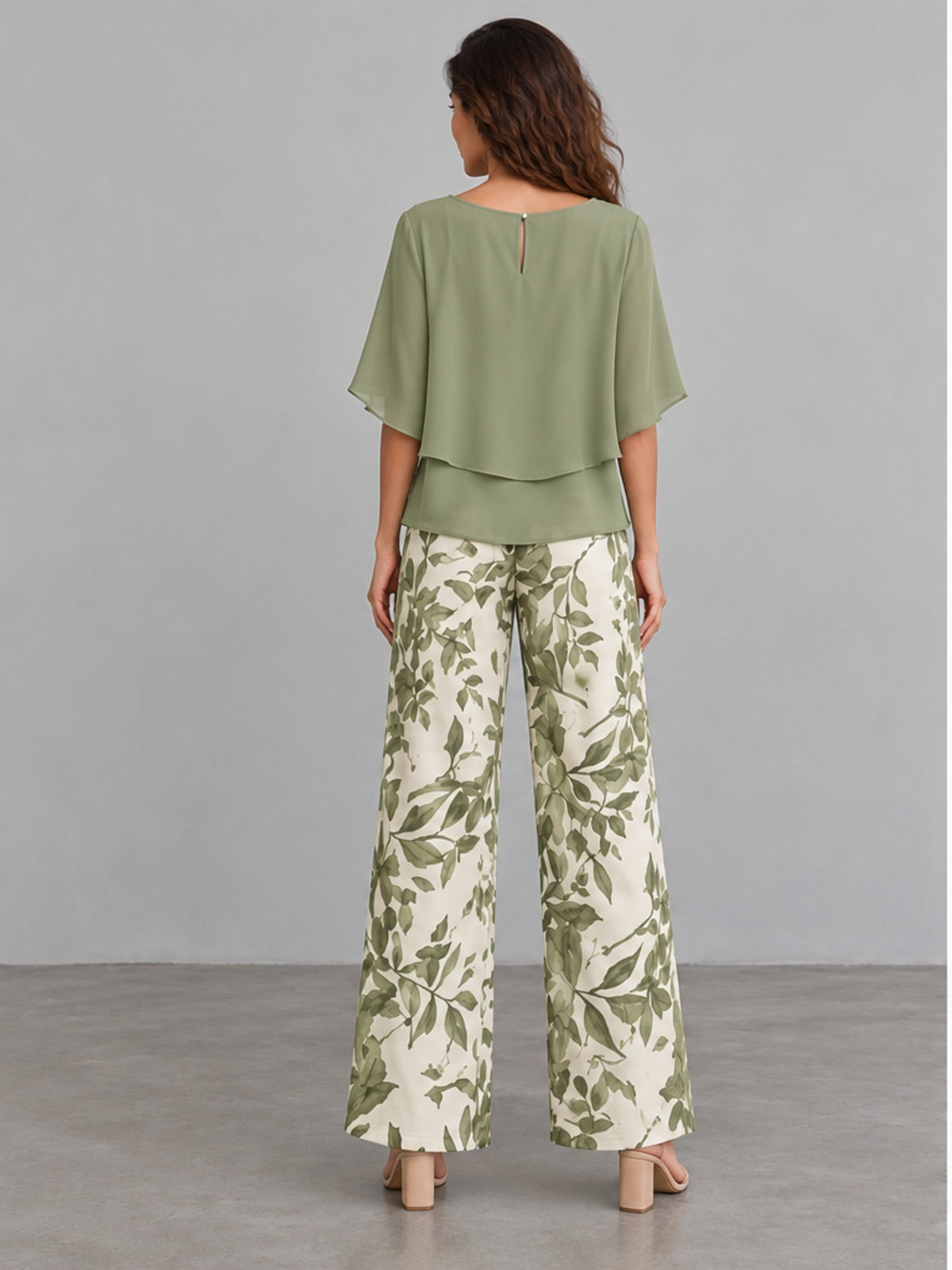 Conjunto Top y Pantalón Estampado de Gasa - Verde