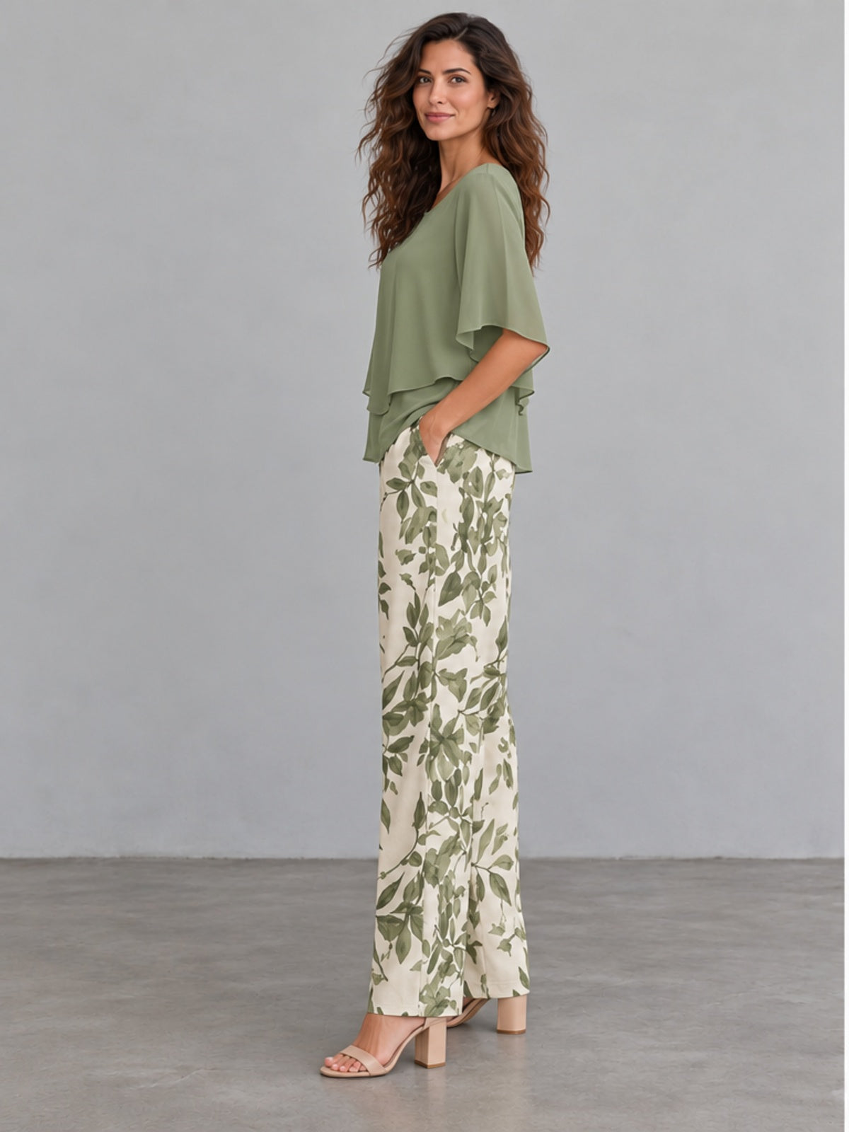 Conjunto Top y Pantalón Estampado de Gasa - Verde