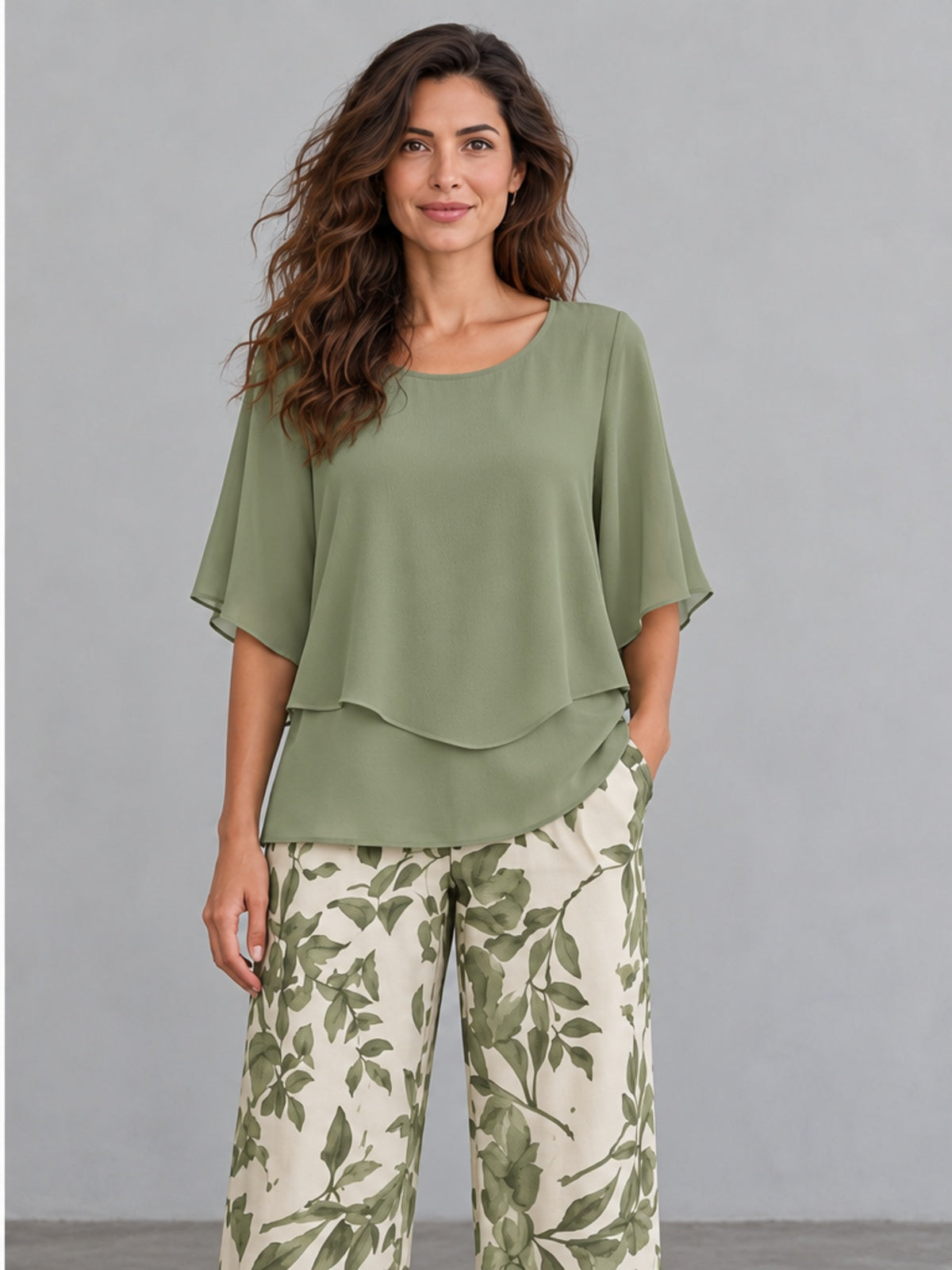 Conjunto Top y Pantalón Estampado de Gasa - Verde