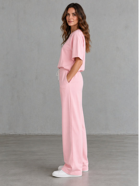Conjunto Camiseta Oversize y Pantalón Ancho con Cordón - Rosa
