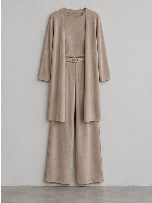 Conjunto de Tres Piezas Cárdigan, Top y Pantalón - Topo