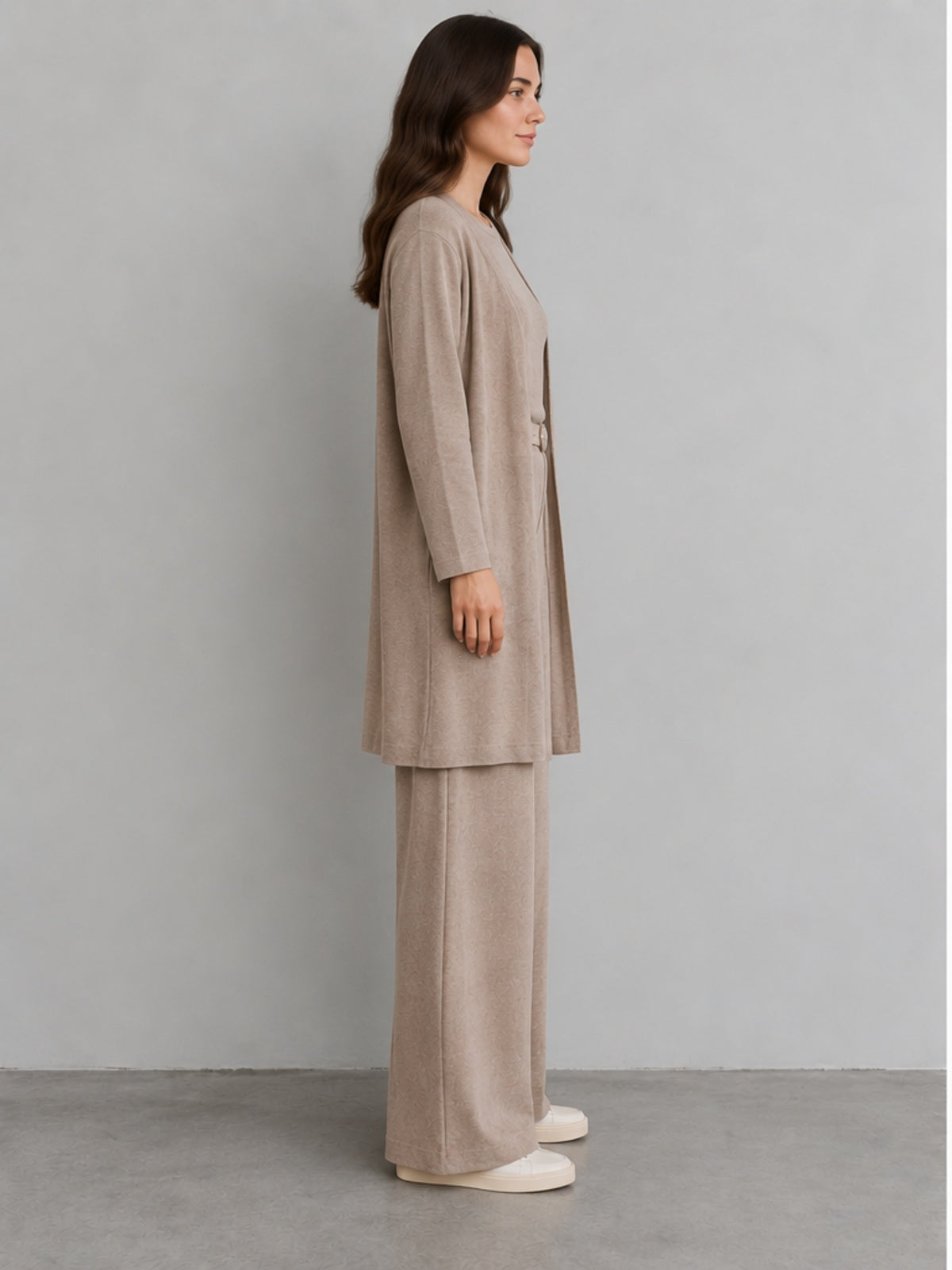 Conjunto de Tres Piezas Cárdigan, Top y Pantalón - Topo