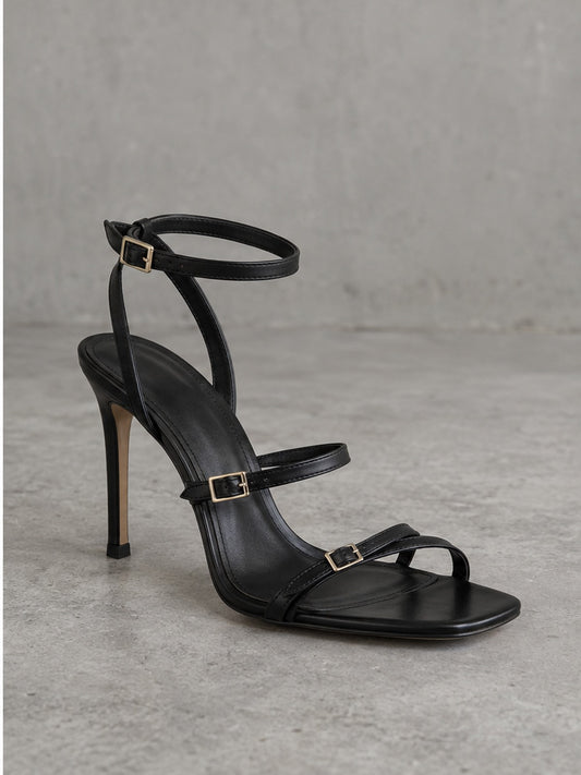 Sandalia Elegante Tacón Hebillas - Negro
