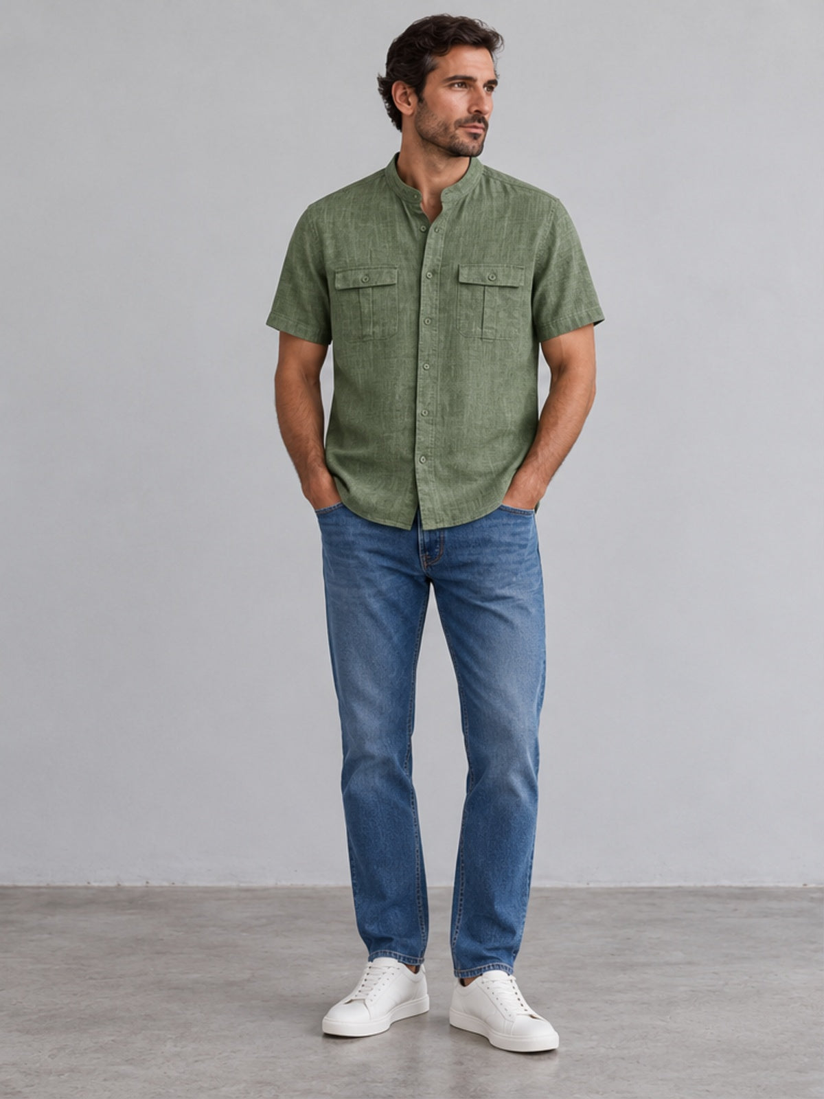 Camisa Cuello Mao de Manga Corta - Verde