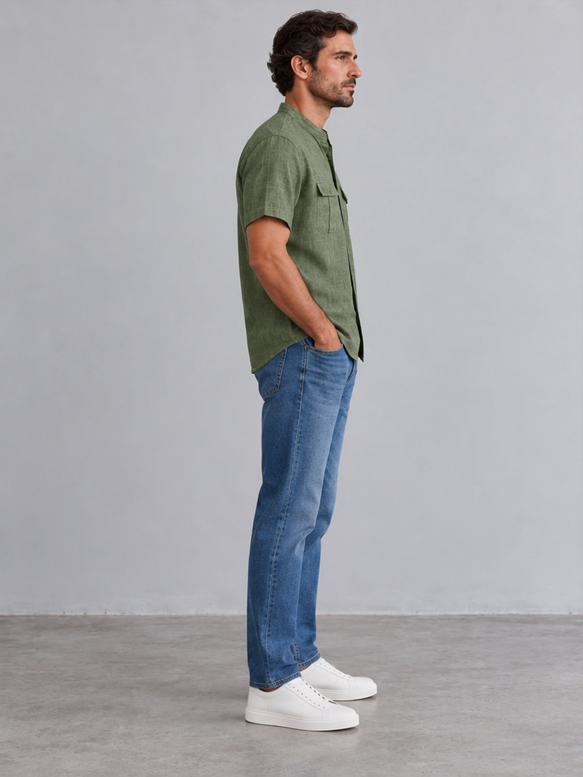 Camisa Cuello Mao de Manga Corta - Verde