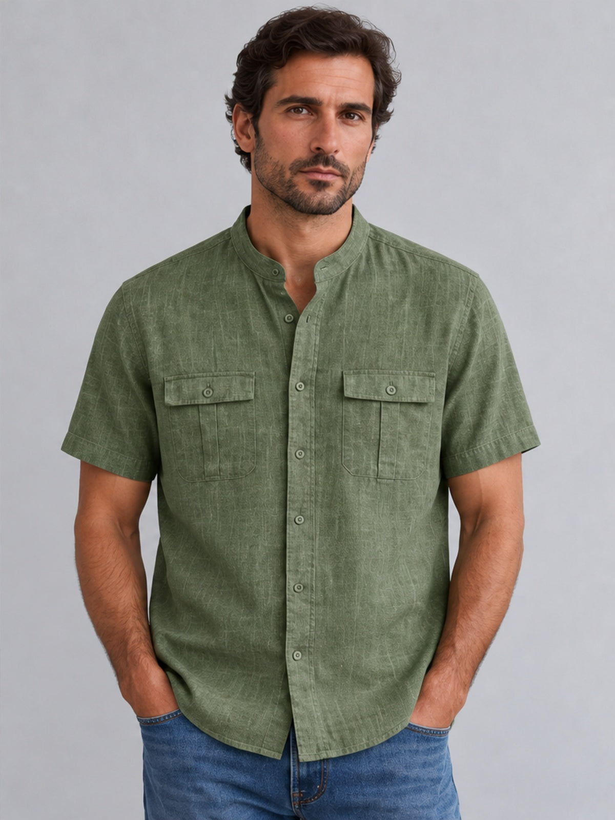 Camisa Cuello Mao de Manga Corta - Verde
