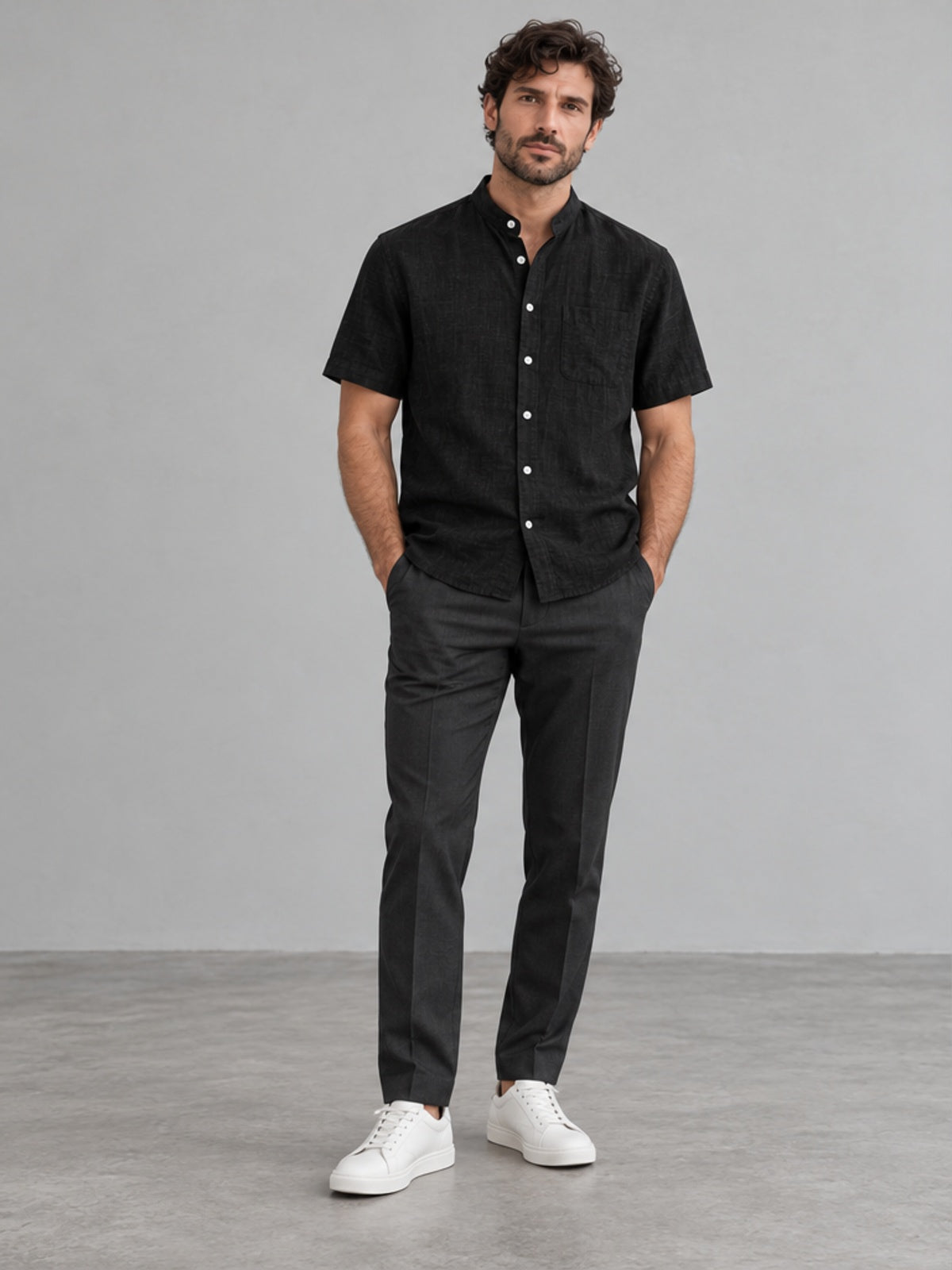 Camisa Cuello Mandarín de Manga Corta - Negro