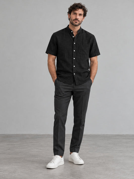 Camisa Cuello Mandarín de Manga Corta - Negro