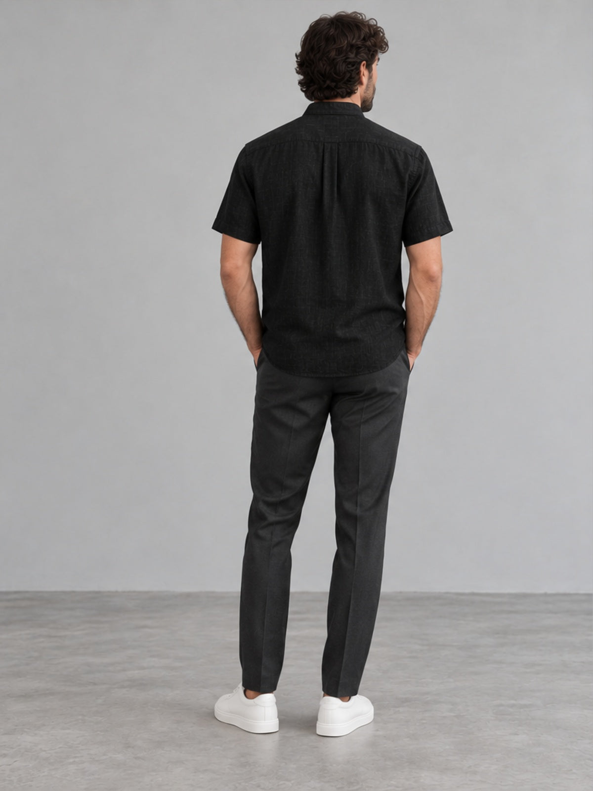 Camisa Cuello Mandarín de Manga Corta - Negro
