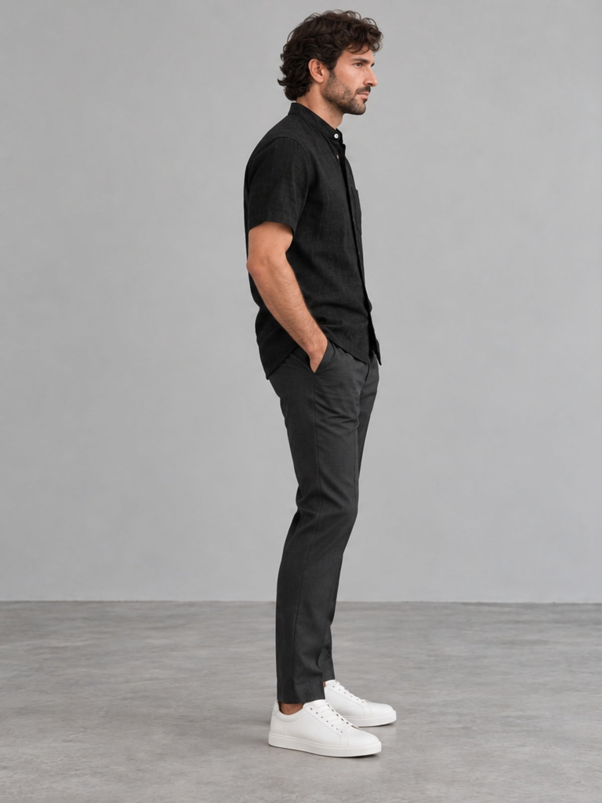 Camisa Cuello Mandarín de Manga Corta - Negro