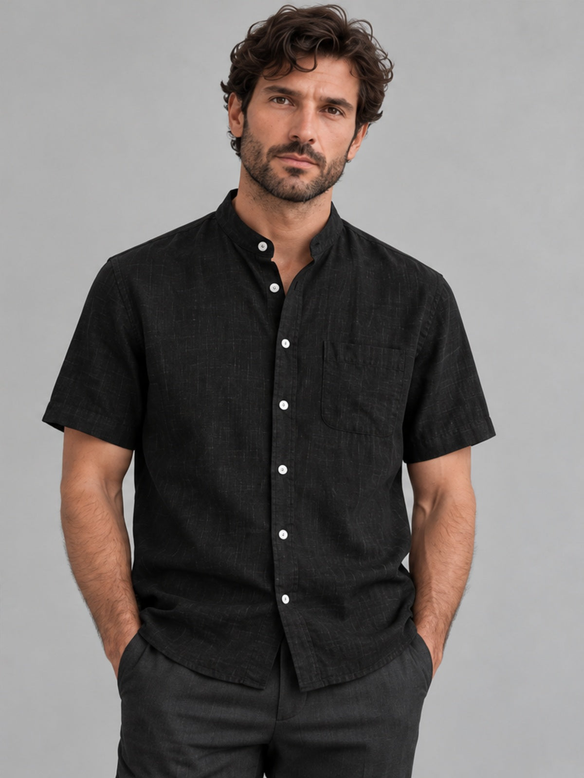Camisa Cuello Mandarín de Manga Corta - Negro