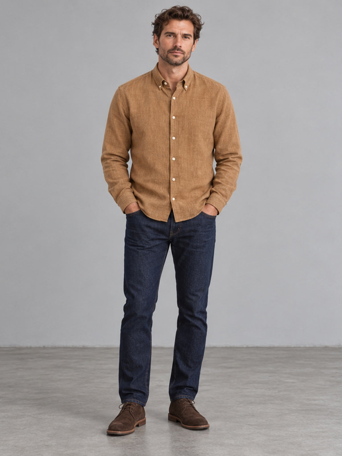 Camisa Button-Down de Manga Larga - Camel