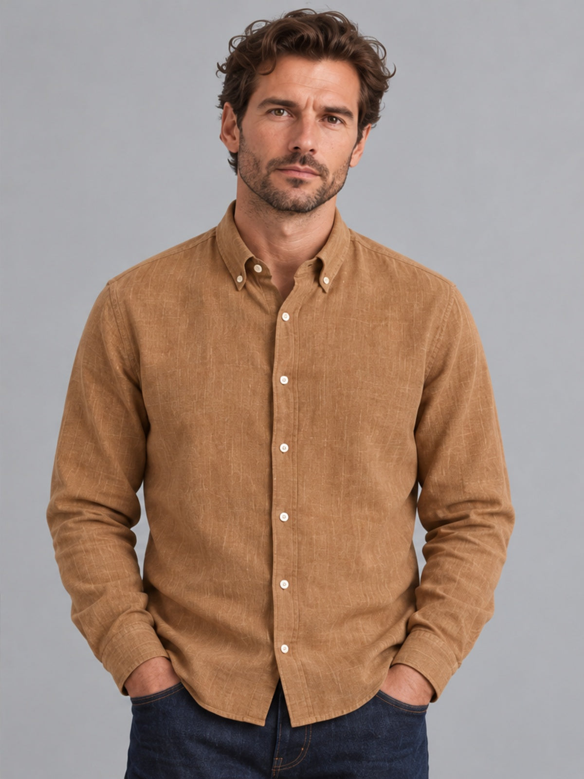 Camisa Button-Down de Manga Larga - Camel