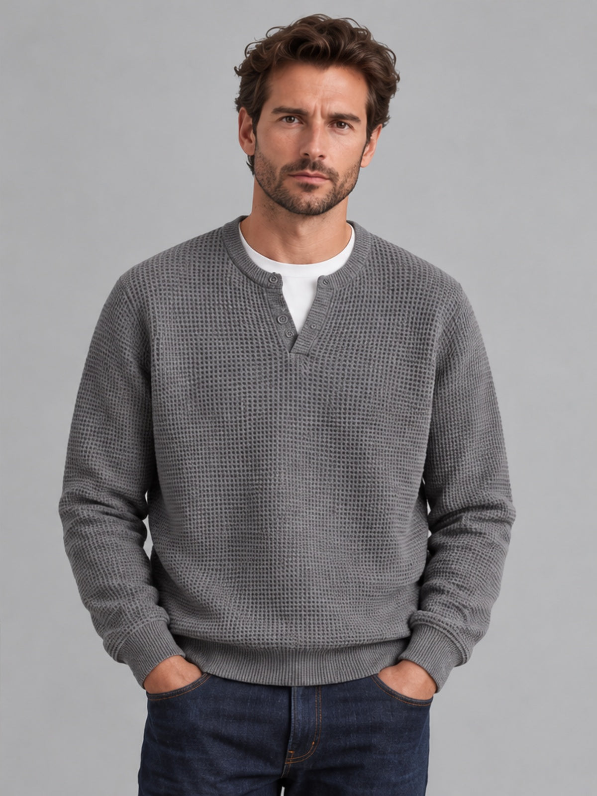 Camiseta Waffle de Manga Larga - Gris