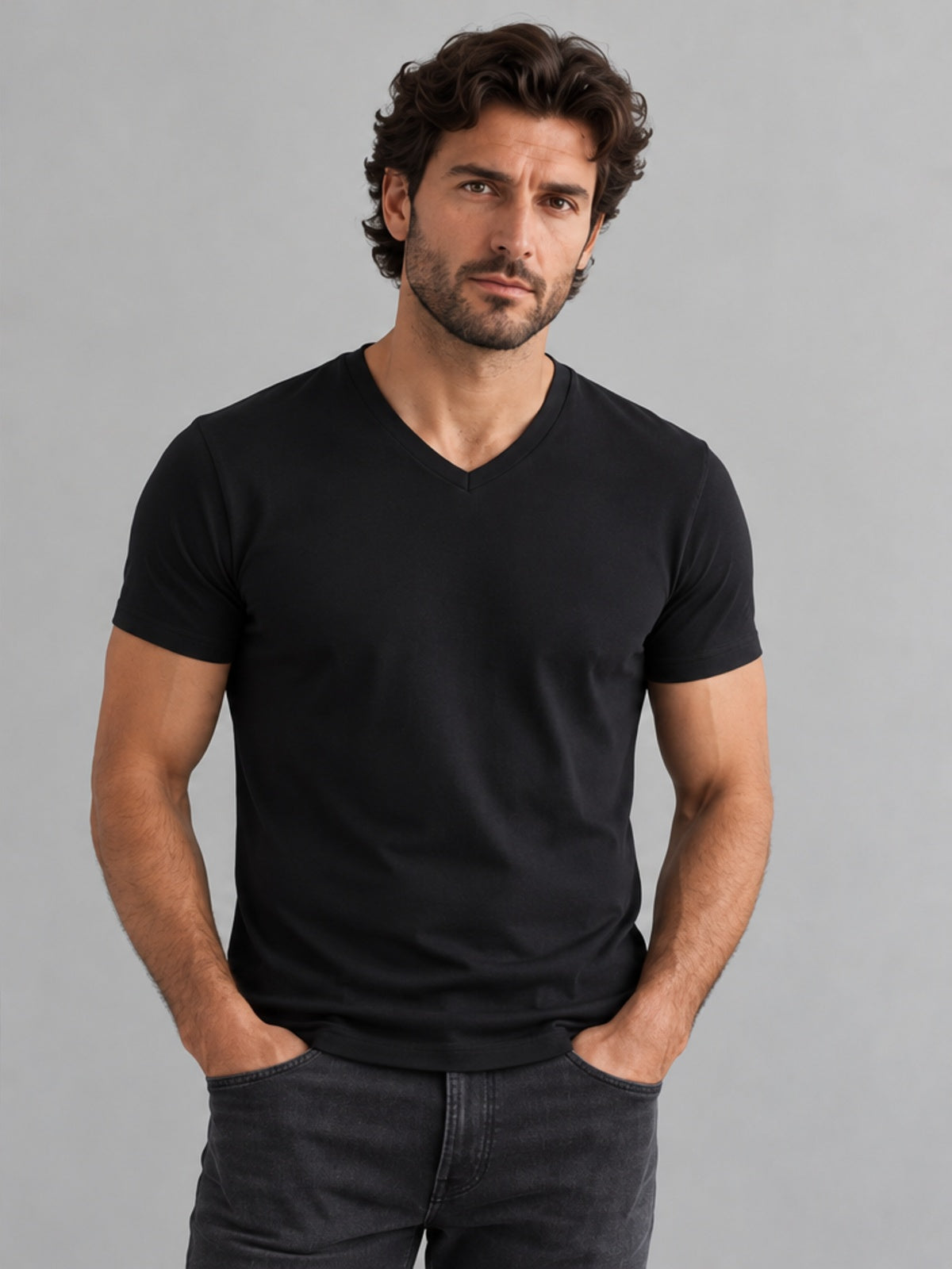 Camiseta Slim Cuello en V - Negro