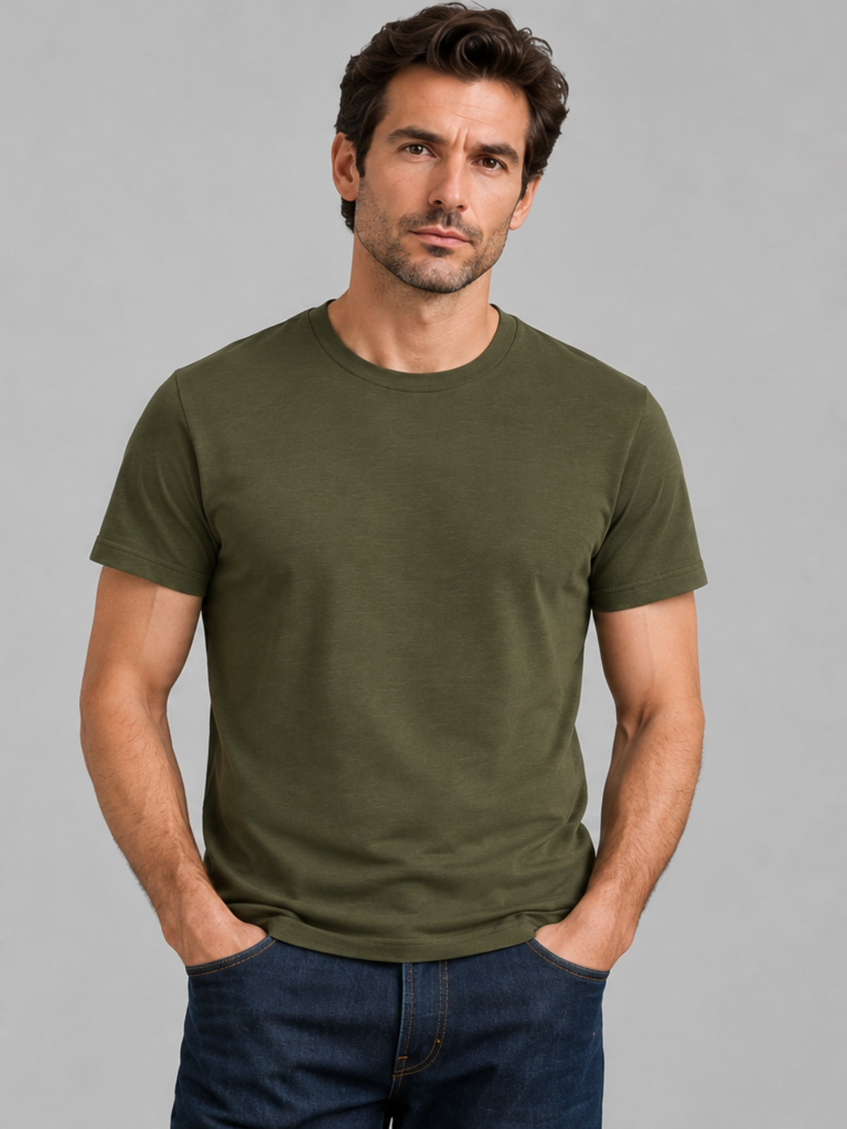 Camiseta Ajustada Cuello Redondo - Verde Oliva