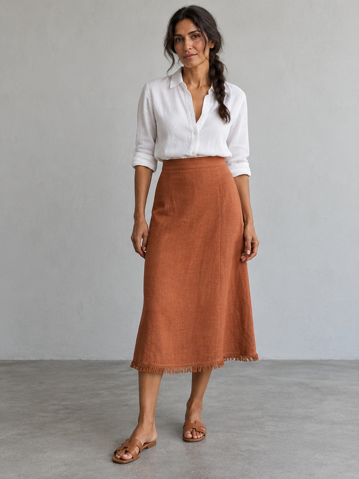 Falda Midi Flecos Elegante - Terracota