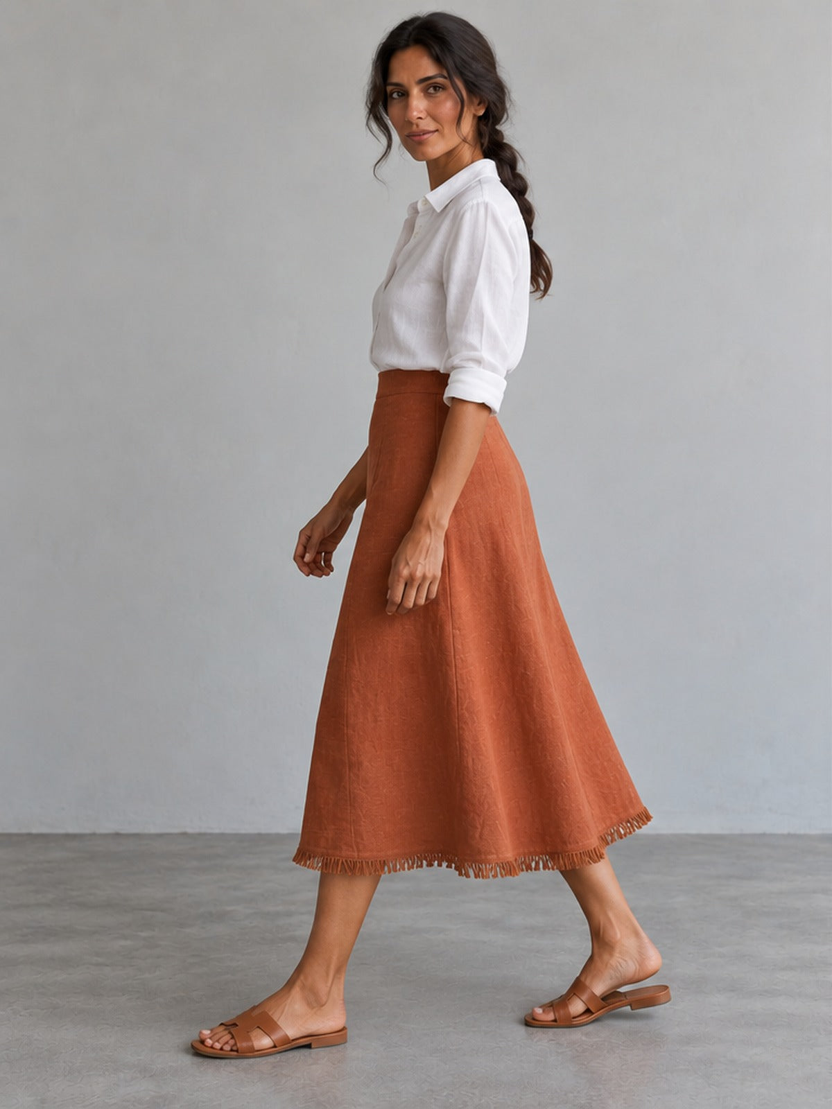 Falda Midi Flecos Elegante - Terracota