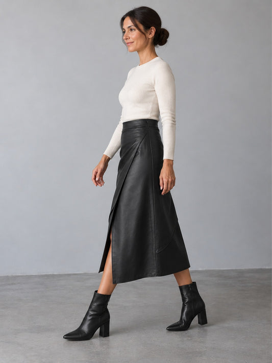 Falda Midi Capa Acabado Brillante - Negro