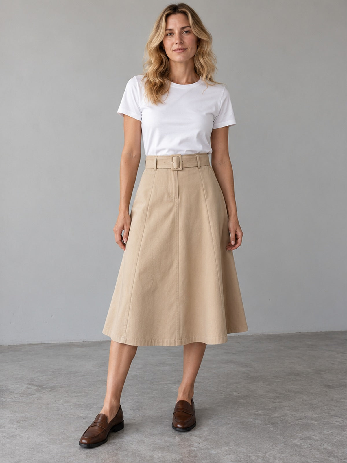 Falda Midi Cinturón - Beige
