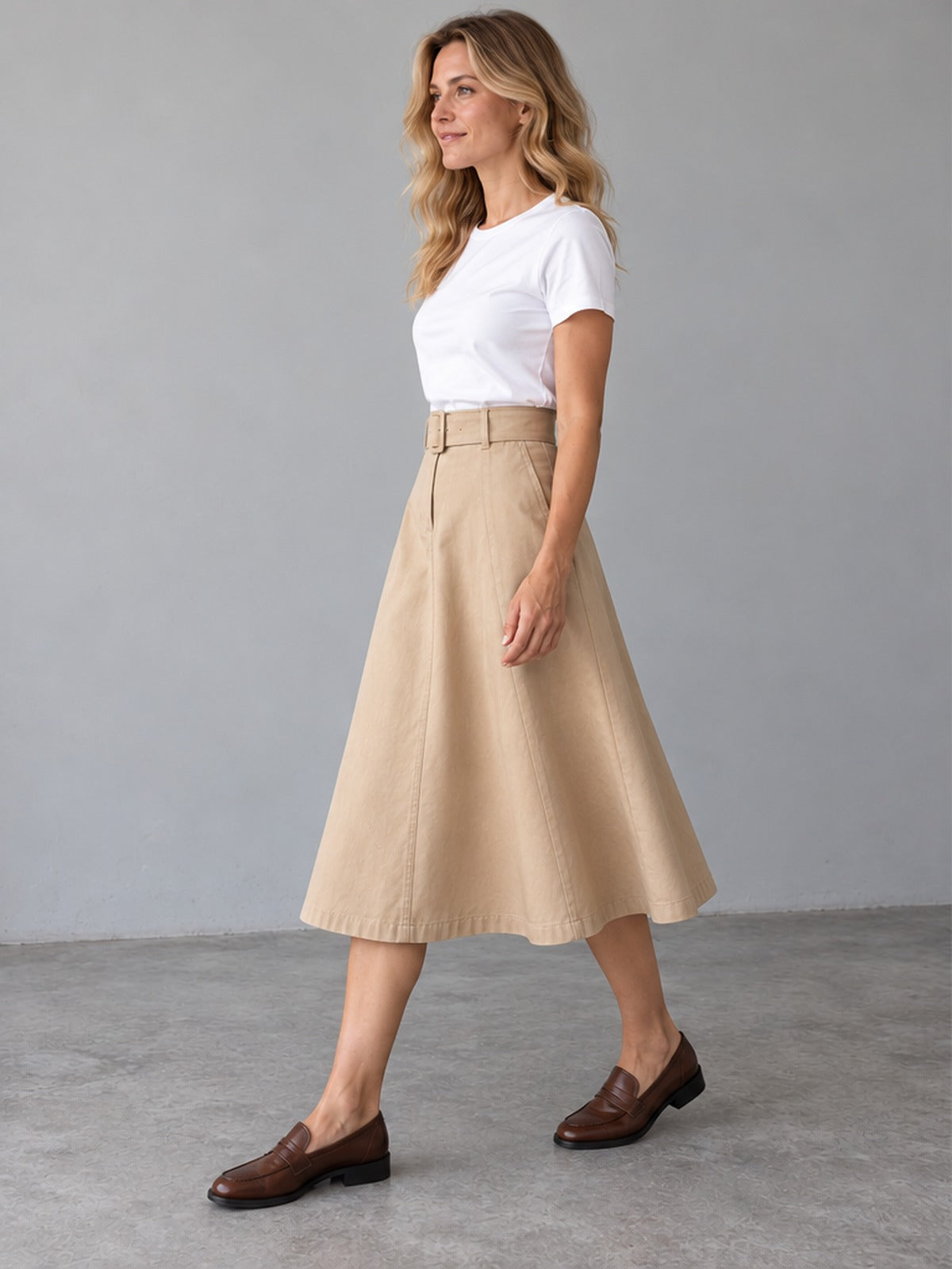 Falda Midi Cinturón - Beige