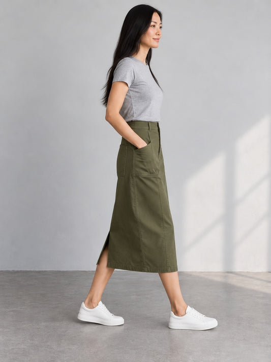 Falda Midi Bolsillos - Verde Oliva